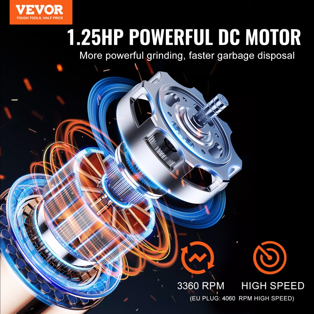 VEVOR Garbage Disposal, 1.25HP 3360RPM Continuous Feed Food Waste Disposer, 3-Bolt Mount Food Waste Grinding System with Sound Reduction, Power Cord & Splash Guard for Kitchen Sinks