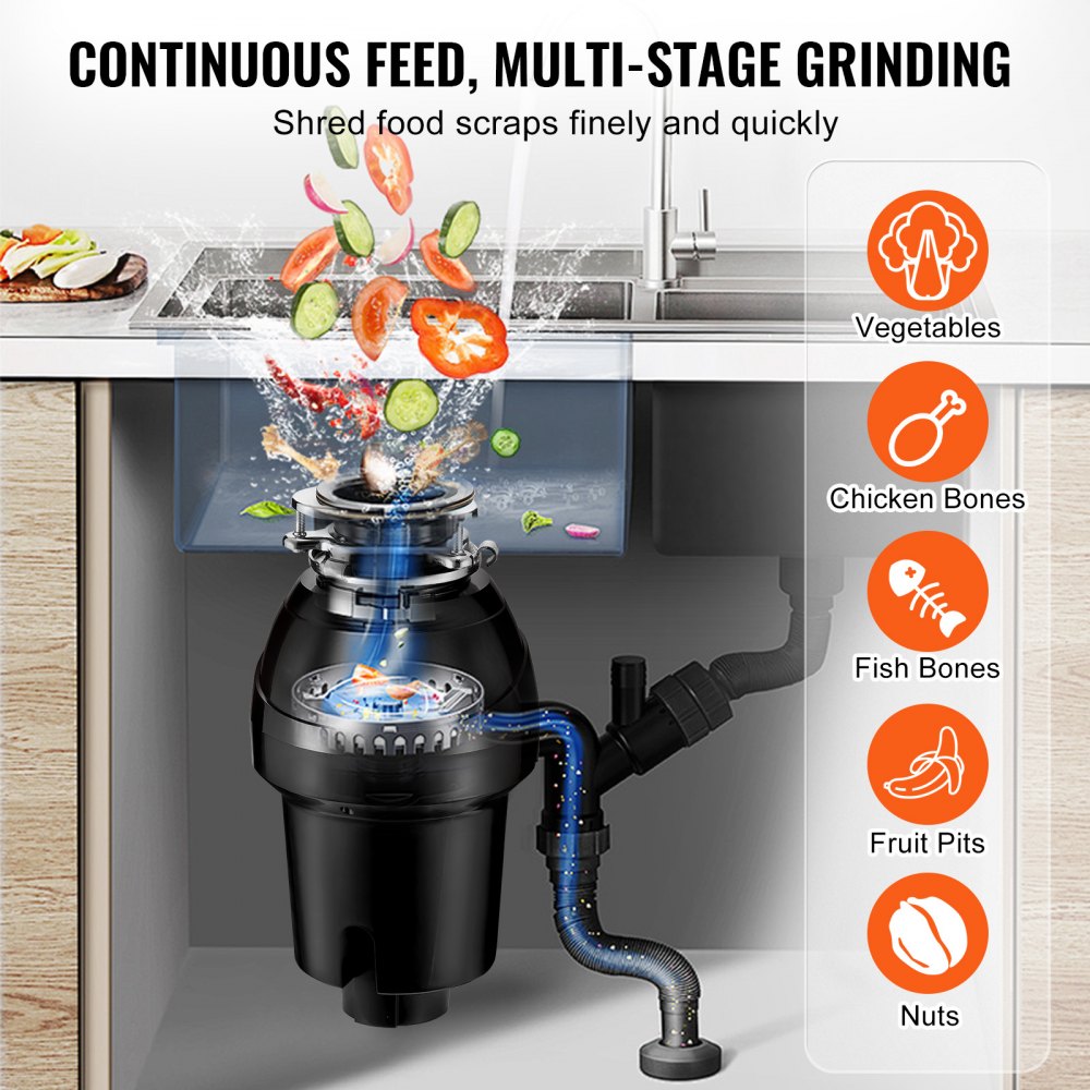 VEVOR Garbage Disposal, 1.25HP 3360RPM Continuous Feed Food Waste Disposer, 3-Bolt Mount Food Waste Grinding System with Sound Reduction, Power Cord & Splash Guard for Kitchen Sinks