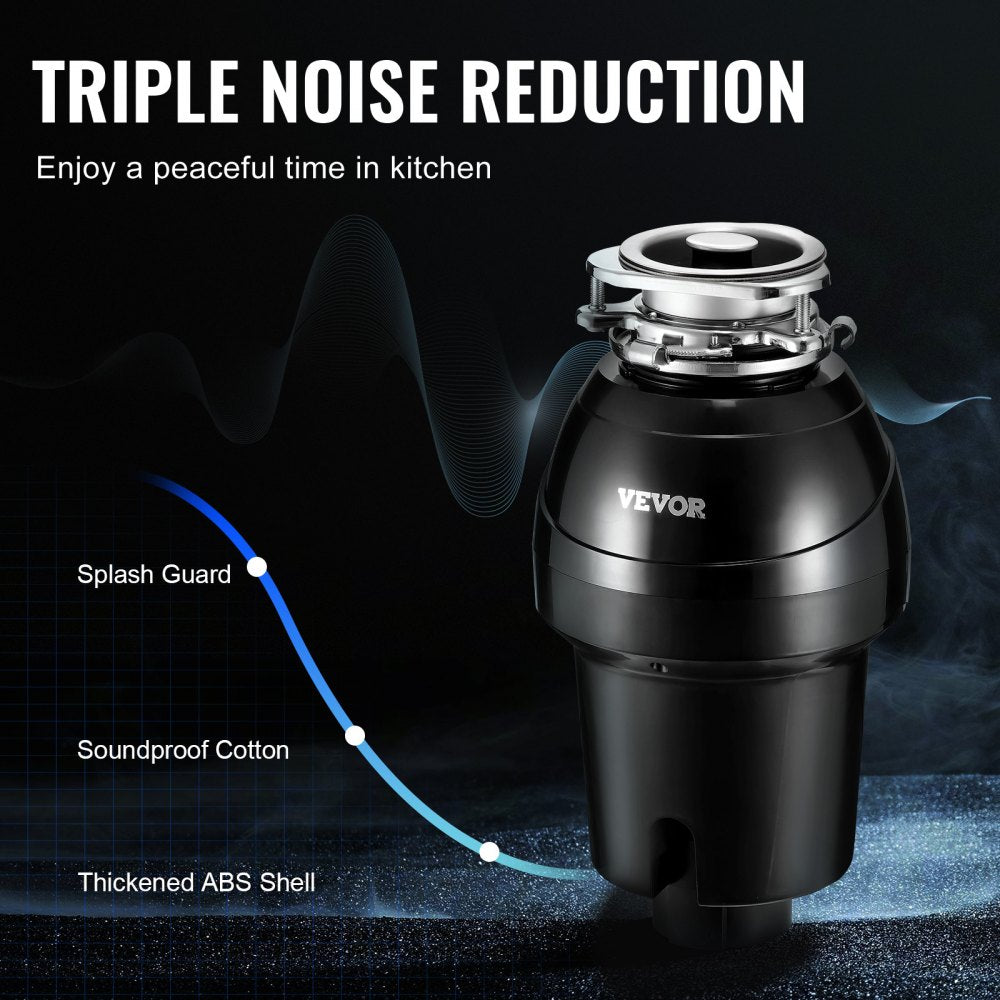 VEVOR Garbage Disposal, 1.25HP 3360RPM Continuous Feed Food Waste Disposer, 3-Bolt Mount Food Waste Grinding System with Sound Reduction, Power Cord & Splash Guard for Kitchen Sinks