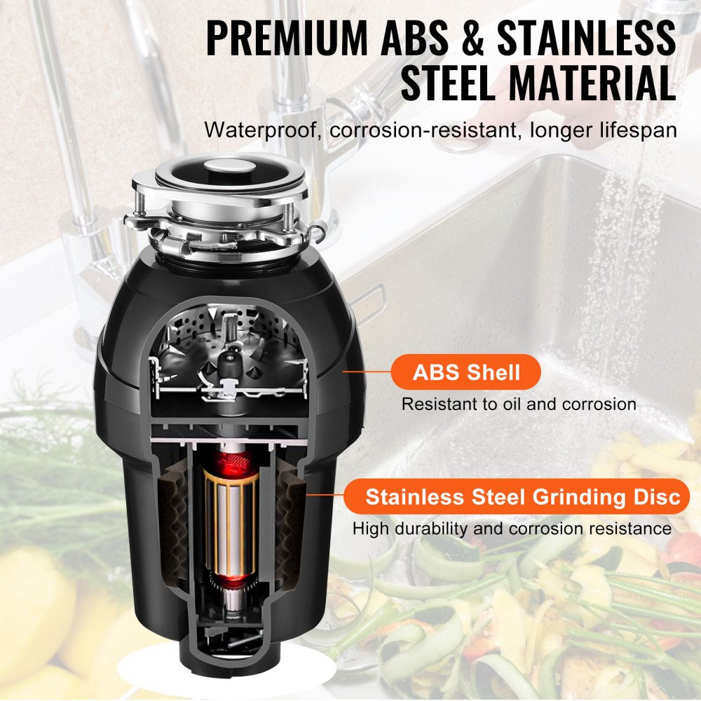 VEVOR Garbage Disposal, 1.25HP 3360RPM Continuous Feed Food Waste Disposer, 3-Bolt Mount Food Waste Grinding System with Sound Reduction, Power Cord & Splash Guard for Kitchen Sinks