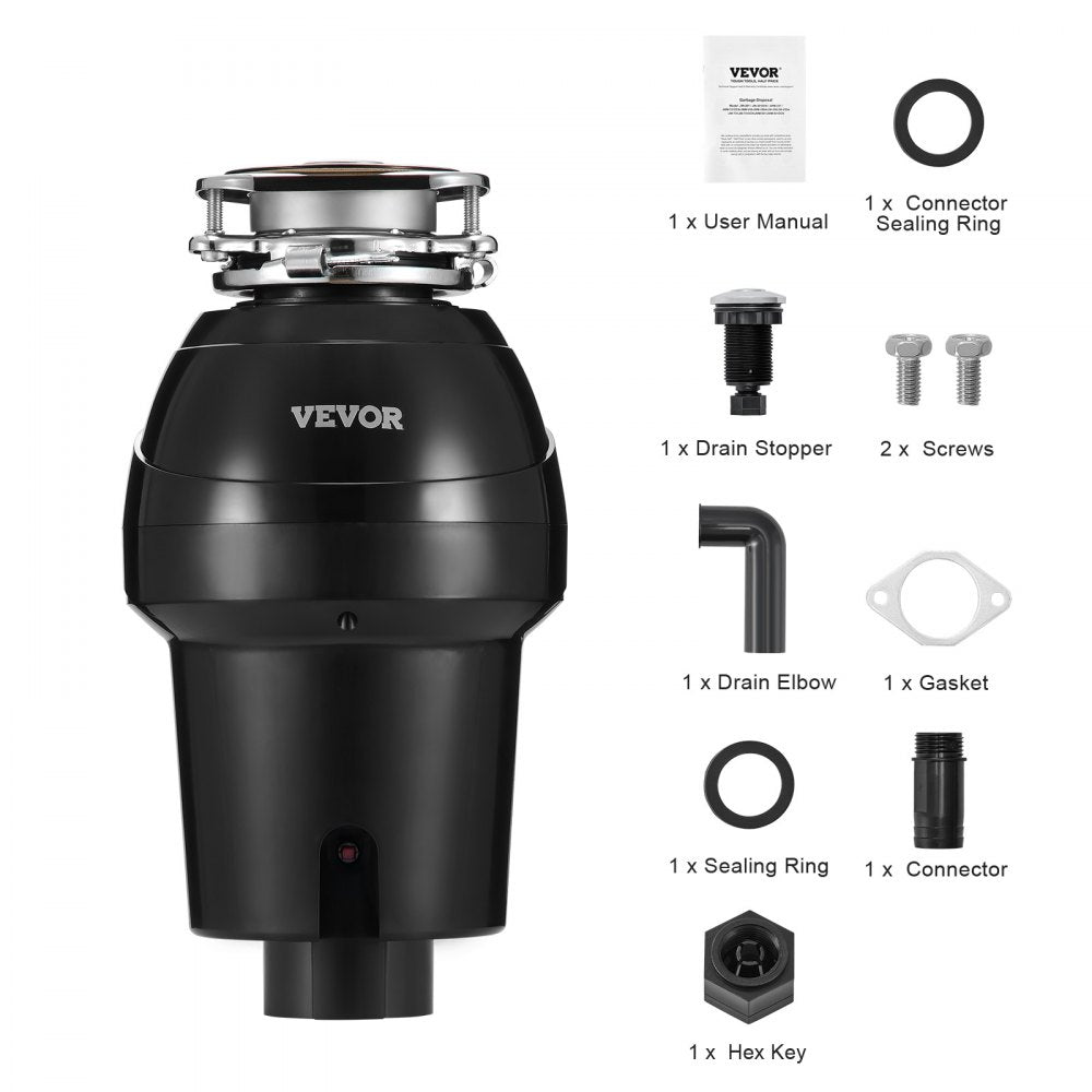 VEVOR Garbage Disposal, 1.25HP 3360RPM Continuous Feed Food Waste Disposer, 3-Bolt Mount Food Waste Grinding System with Sound Reduction, Power Cord & Splash Guard for Kitchen Sinks