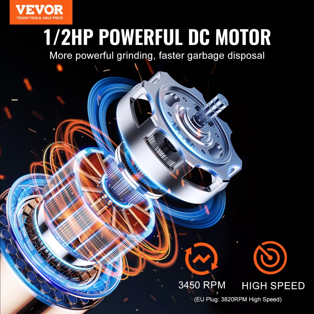 VEVOR Garbage Disposal, 1/2HP 3450RPM Continuous Feed Food Waste Disposer, EZ Connect Food Waste Grinding System with Power Cord & Splash Guard for Kitchen Sinks