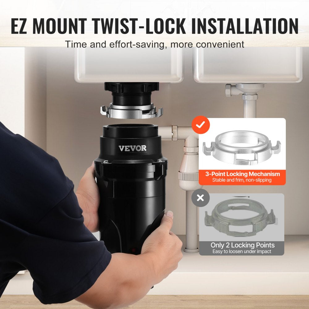 VEVOR Garbage Disposal, 1/2HP 3450RPM Continuous Feed Food Waste Disposer, EZ Connect Food Waste Grinding System with Power Cord & Splash Guard for Kitchen Sinks