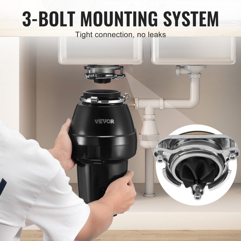 VEVOR Garbage Disposal, 1/2 HP 3450RPM Continuous Feed Food Waste Disposer, 3-Bolt Mount Food Waste Grinding System with Sound Reduction, Power Cord & Splash Guard for Kitchen Sinks