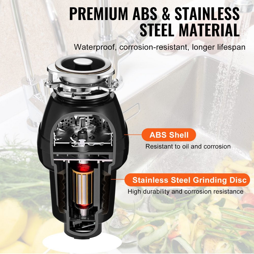 VEVOR Garbage Disposal, 1/2 HP 3450RPM Continuous Feed Food Waste Disposer, 3-Bolt Mount Food Waste Grinding System with Sound Reduction, Power Cord & Splash Guard for Kitchen Sinks