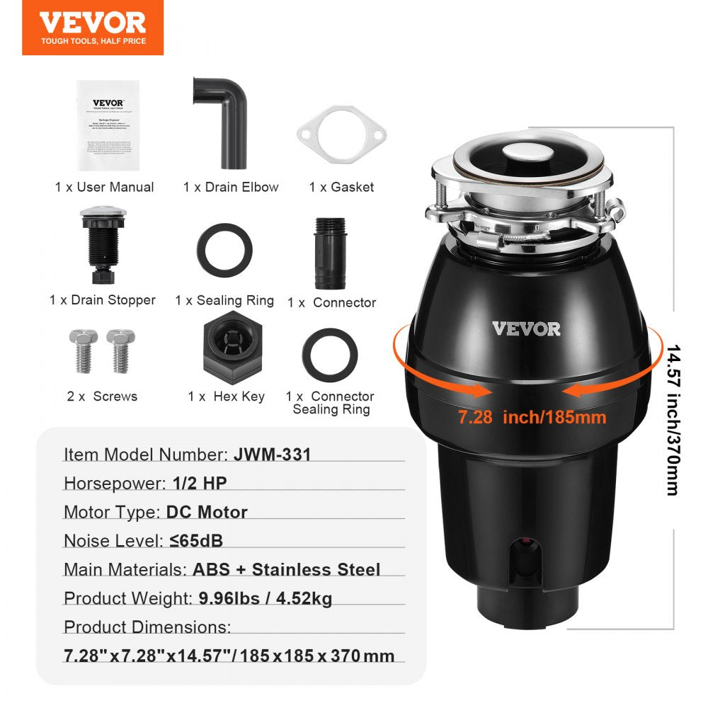 VEVOR Garbage Disposal, 1/2 HP 3450RPM Continuous Feed Food Waste Disposer, 3-Bolt Mount Food Waste Grinding System with Sound Reduction, Power Cord & Splash Guard for Kitchen Sinks