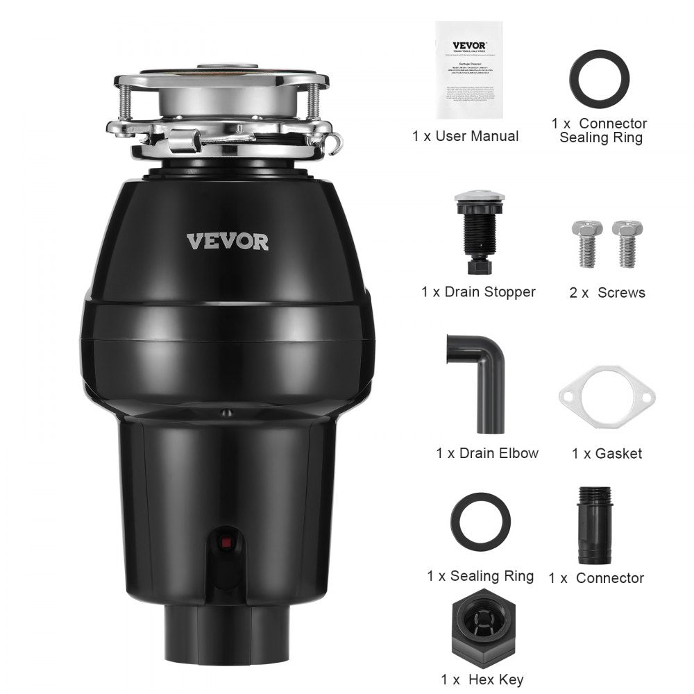 VEVOR Garbage Disposal, 1/2 HP 3450RPM Continuous Feed Food Waste Disposer, 3-Bolt Mount Food Waste Grinding System with Sound Reduction, Power Cord & Splash Guard for Kitchen Sinks