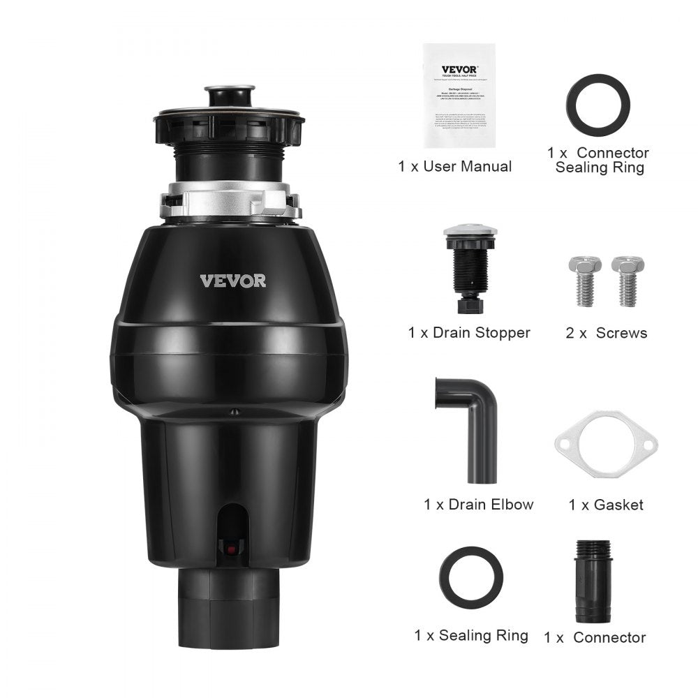 VEVOR Garbage Disposal, 3/4HP 3250RPM Continuous Feed Food Waste Disposer, EZ Connect Food Waste Grinding System with Sound Reduction, Power Cord & Splash Guard for Kitchen Sinks