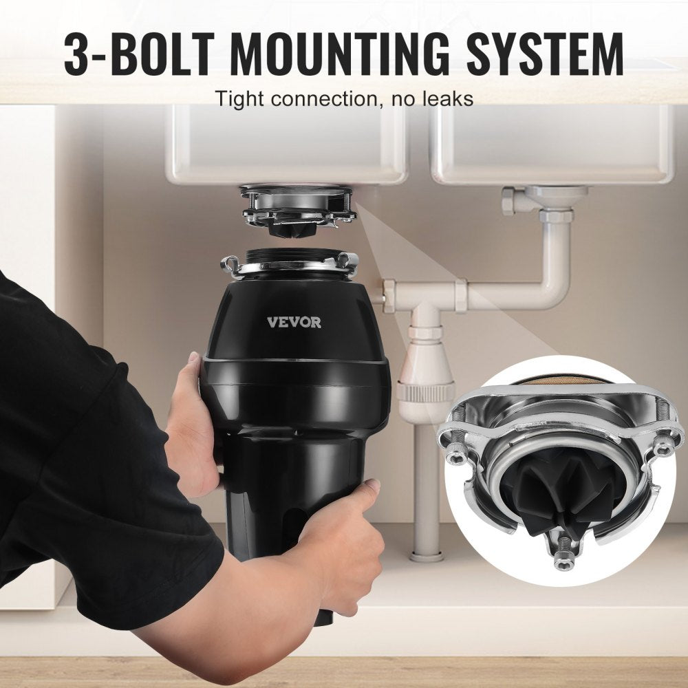VEVOR Garbage Disposal, 3/4 HP 3260RPM Continuous Feed Food Waste Disposer, 3-Bolt Mount Food Waste Grinding System with Sound Reduction, Power Cord & Splash Guard for Kitchen Sinks
