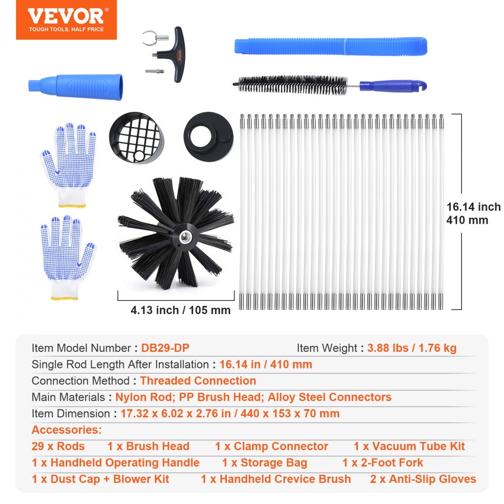 VEVOR 40 FEET Dryer Vent Cleaner Kit, 29 Pieces Duct Cleaning Brush, Reinforced Nylon Dryer Vent Brush with Complete Accessories, Dryer Cleaning Kit with Flexible Lint Trap Brush, Clamp Connectors
