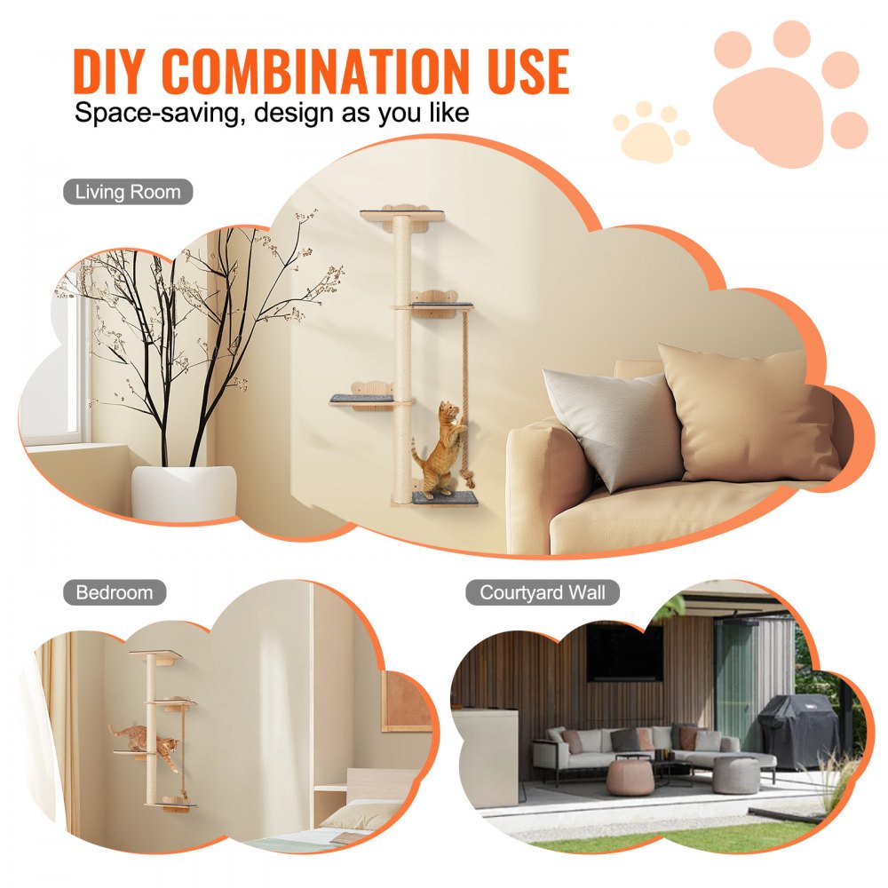 VEVOR 4 Tiers Tall Cat Tree, Cat Wall Furniture Set with 4 Jumping Boards, Wall-Mounted Cat Floating Shelf up to 40 lbs, 12 mm Pine Wood Cat Perch for Sleeping, Playing, and Climbing