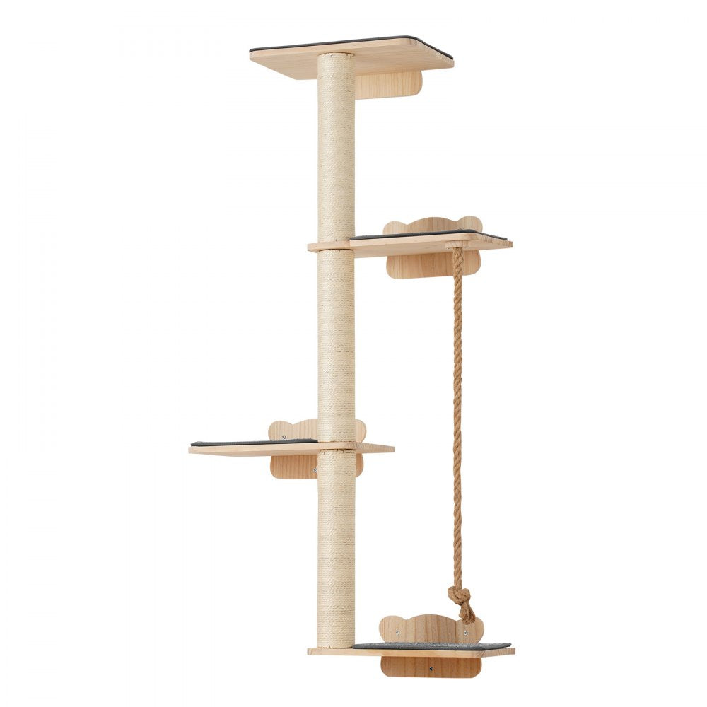 VEVOR 4 Tiers Tall Cat Tree, Cat Wall Furniture Set with 4 Jumping Boards, Wall-Mounted Cat Floating Shelf up to 40 lbs, 12 mm Pine Wood Cat Perch for Sleeping, Playing, and Climbing