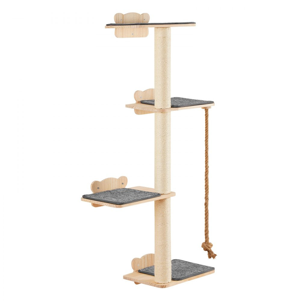 VEVOR 4 Tiers Tall Cat Tree, Cat Wall Furniture Set with 4 Jumping Boards, Wall-Mounted Cat Floating Shelf up to 40 lbs, 12 mm Pine Wood Cat Perch for Sleeping, Playing, and Climbing