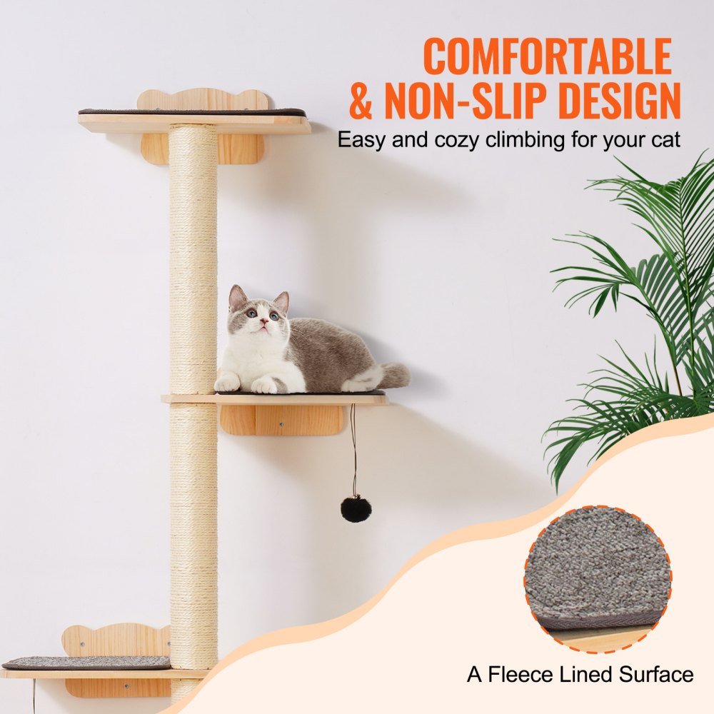 VEVOR 4 Tiers Cat Tree, Cat Wall Furniture Set with 4 Jumping Boards, Wall-Mounted Cat Floating Shelf up to 40 lbs, 12 mm Pine Wood Cat Perch for Sleeping, Playing, and Climbing