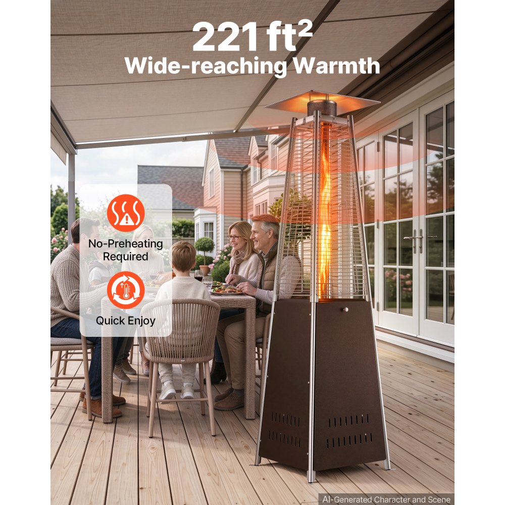 VEVOR 48000BTU Propane Patio Heater for Outdoor Use Portable with Wheels, for Party, Backyard, Home Garden, and Deck, Tip-Over Auto Shutoff, Stainless Steel Burner, Heats Up to 269 sq. ft., Bronze