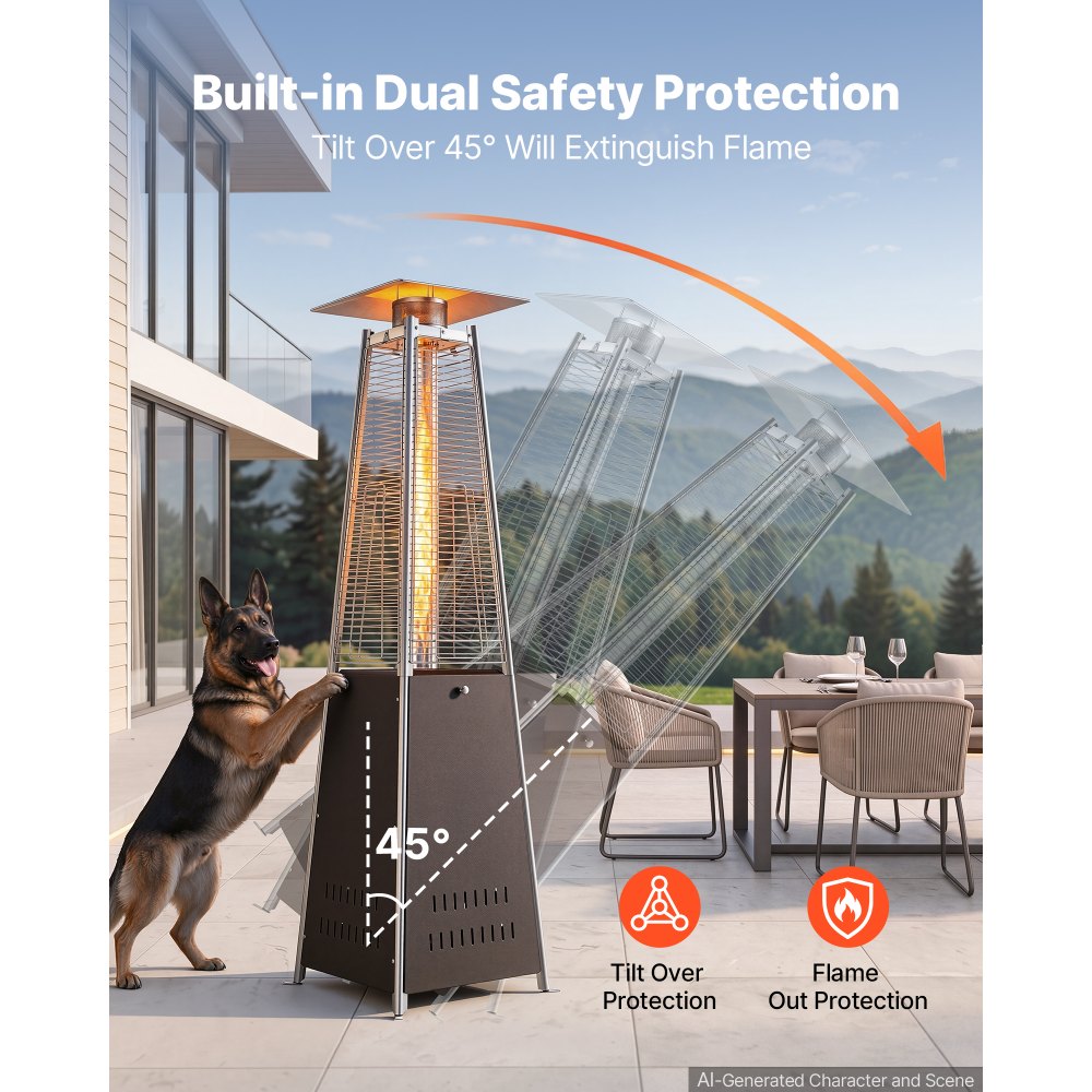 VEVOR 48000BTU Propane Patio Heater for Outdoor Use Portable with Wheels, for Party, Backyard, Home Garden, and Deck, Tip-Over Auto Shutoff, Stainless Steel Burner, Heats Up to 269 sq. ft., Bronze