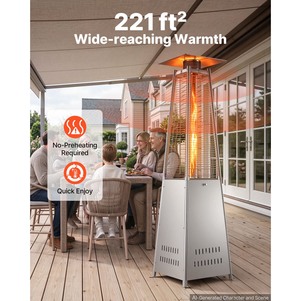 VEVOR 48000BTU Propane Patio Heater for Outdoor Use Portable with Wheels, for Party, Backyard, Home Garden, and Deck, Tip-Over Auto Shutoff, Stainless Steel Burner, Heats Up to 269 sq. ft., Silver