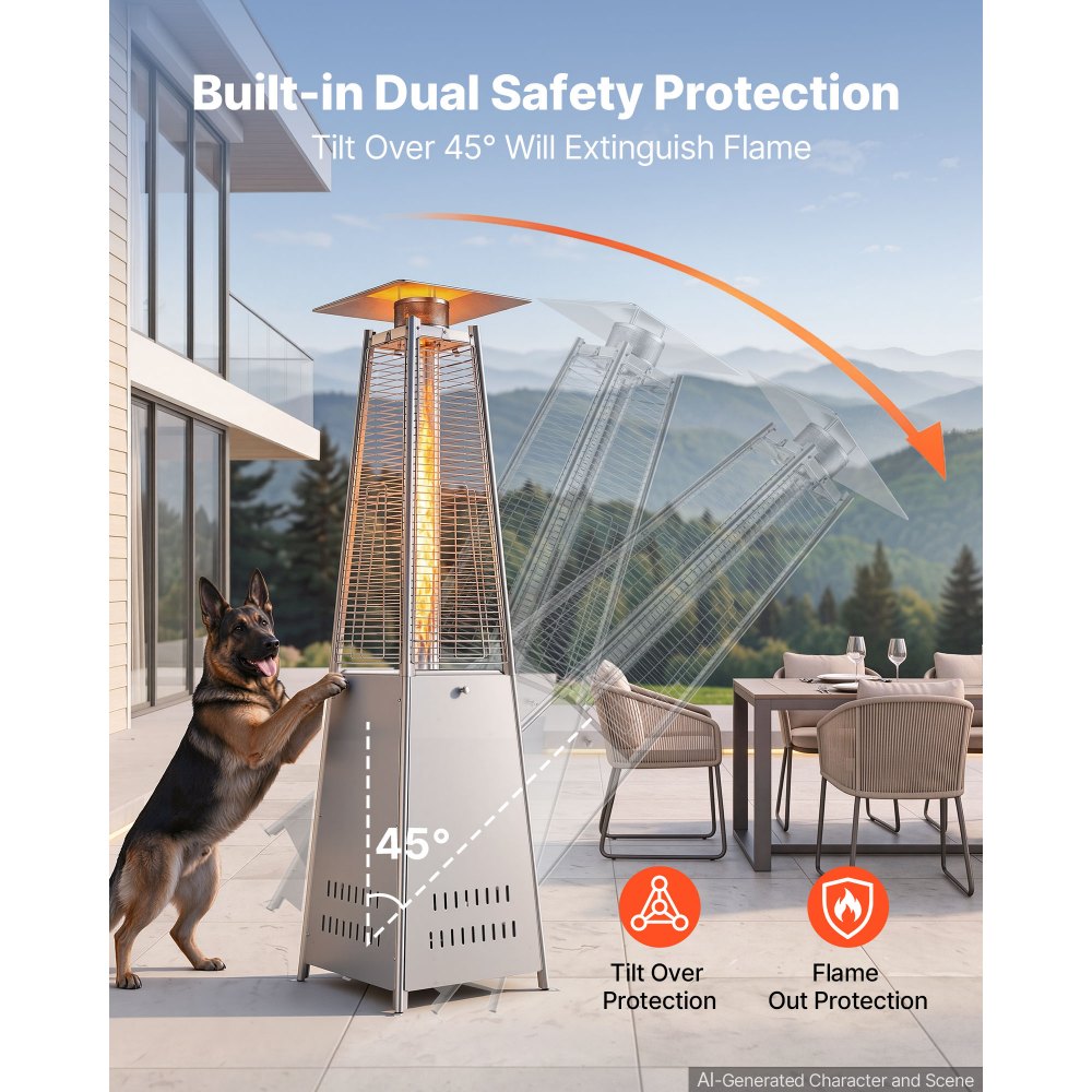 VEVOR 48000BTU Propane Patio Heater for Outdoor Use Portable with Wheels, for Party, Backyard, Home Garden, and Deck, Tip-Over Auto Shutoff, Stainless Steel Burner, Heats Up to 269 sq. ft., Silver