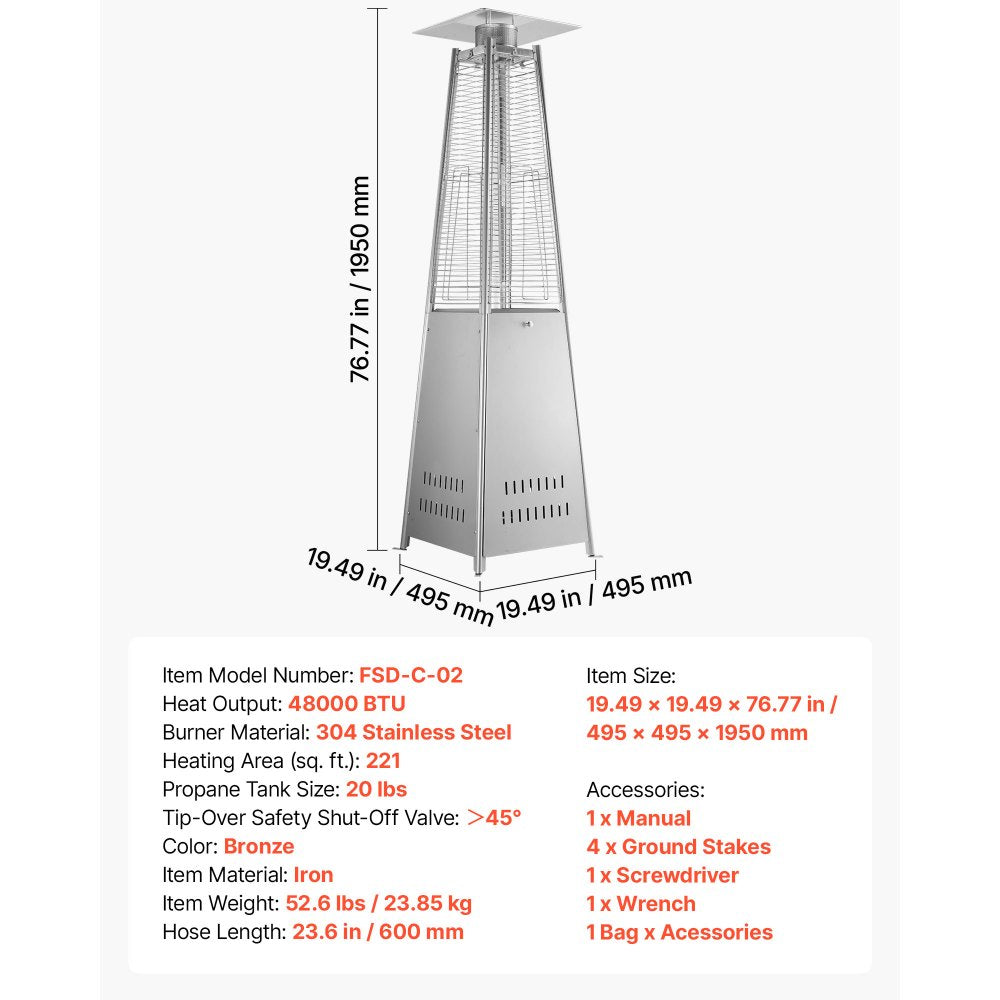 VEVOR 48000BTU Propane Patio Heater for Outdoor Use Portable with Wheels, for Party, Backyard, Home Garden, and Deck, Tip-Over Auto Shutoff, Stainless Steel Burner, Heats Up to 269 sq. ft., Silver
