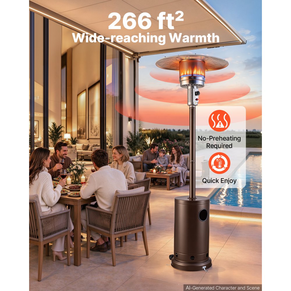 VEVOR 50000BTU Propane Patio Heater for Outdoor Use Portable with Wheels, for Party, Backyard, Home Garden, and Deck, Tip-Over Auto Shutoff, Stainless Steel Burner, Heats Up to 269 sq. ft., Bronze