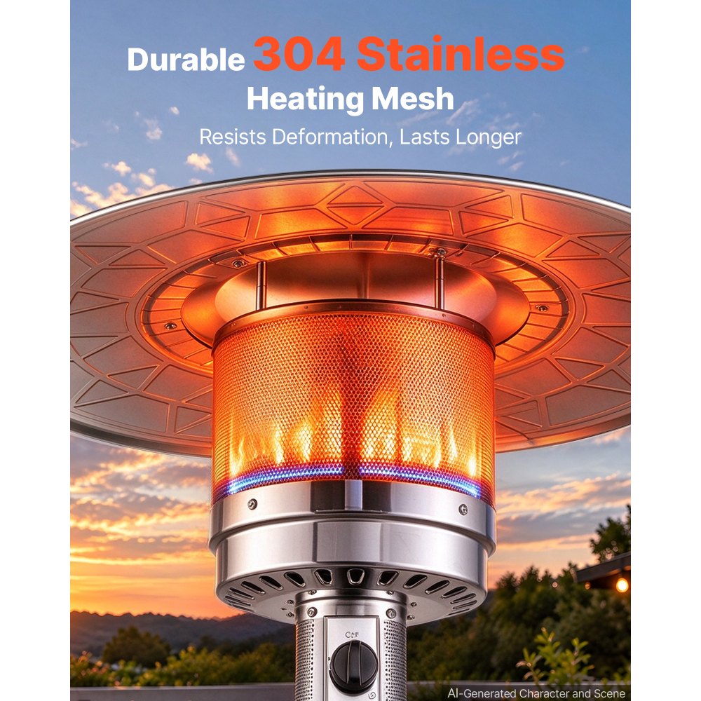 VEVOR 50000BTU Propane Patio Heater for Outdoor Use Portable with Wheels, for Party, Backyard, Home Garden, and Deck, Tip-Over Auto Shutoff, Stainless Steel Burner, Heats Up to 269 sq. ft., Bronze