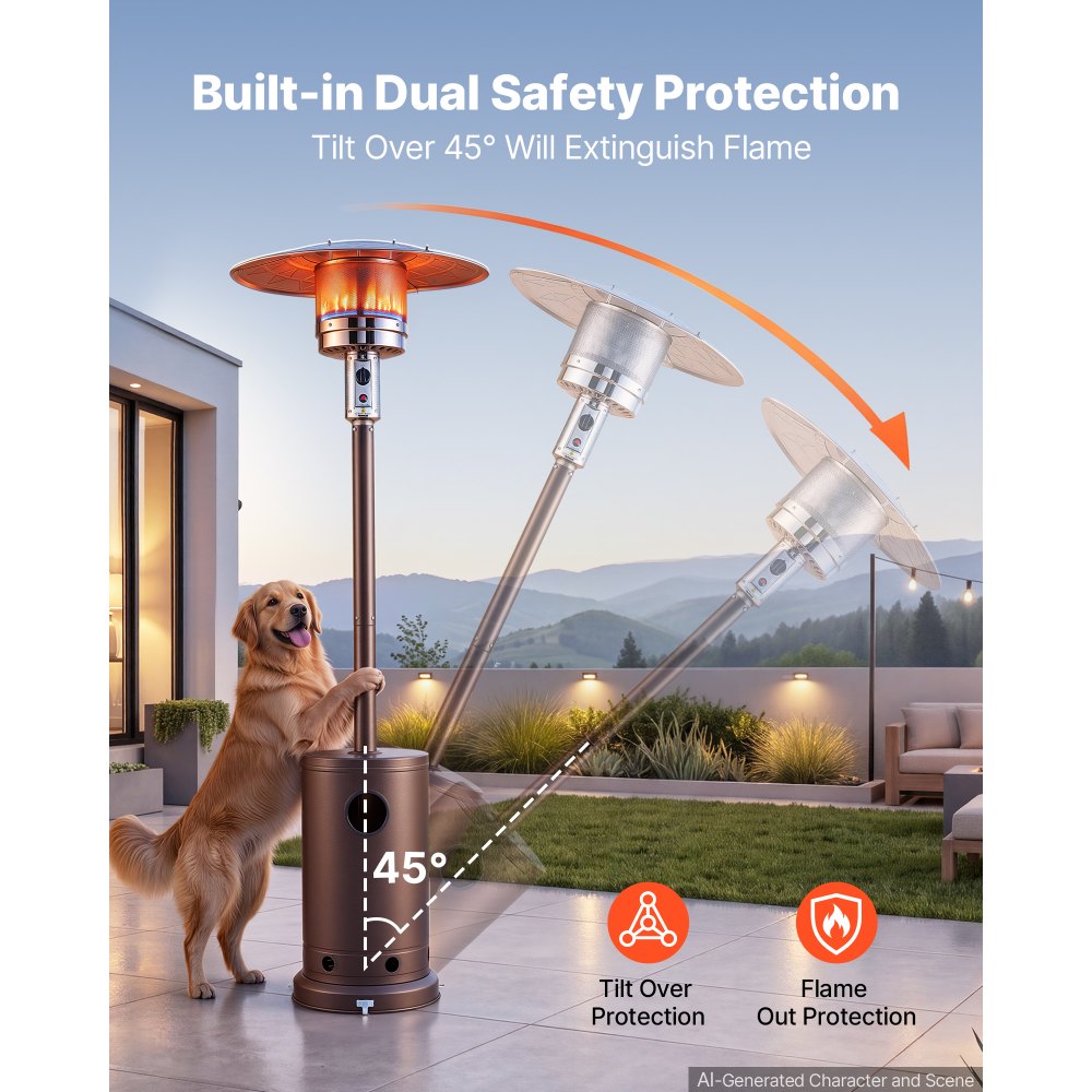 VEVOR 50000BTU Propane Patio Heater for Outdoor Use Portable with Wheels, for Party, Backyard, Home Garden, and Deck, Tip-Over Auto Shutoff, Stainless Steel Burner, Heats Up to 269 sq. ft., Bronze