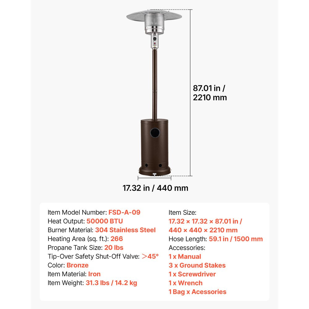 VEVOR 50000BTU Propane Patio Heater for Outdoor Use Portable with Wheels, for Party, Backyard, Home Garden, and Deck, Tip-Over Auto Shutoff, Stainless Steel Burner, Heats Up to 269 sq. ft., Bronze