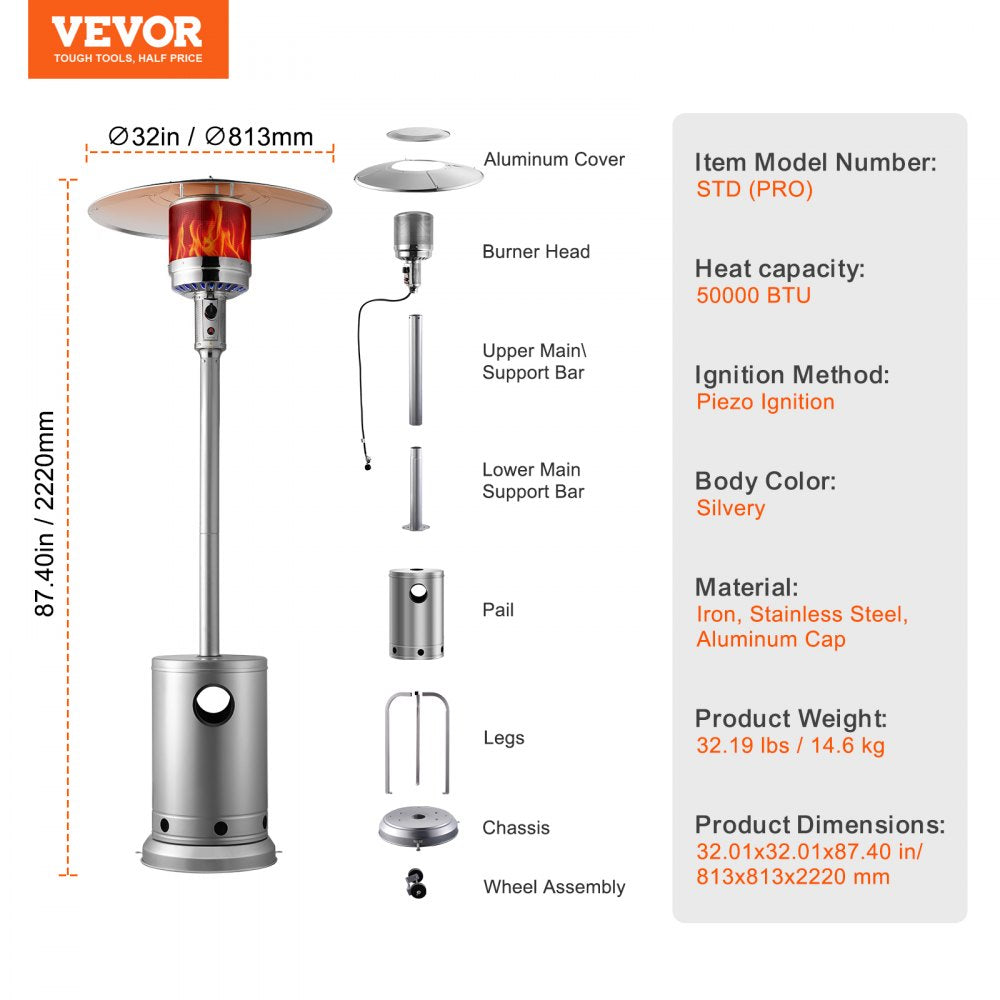 VEVOR Patio Heater for Outdoor Use, 50000BTU Propane Heater Tall Hammered With Round Table Design, Metal Burner and Wheels, Fixed Outdoor Patio Flame Heater for Patio, Party, Backyard, Garden, Silver