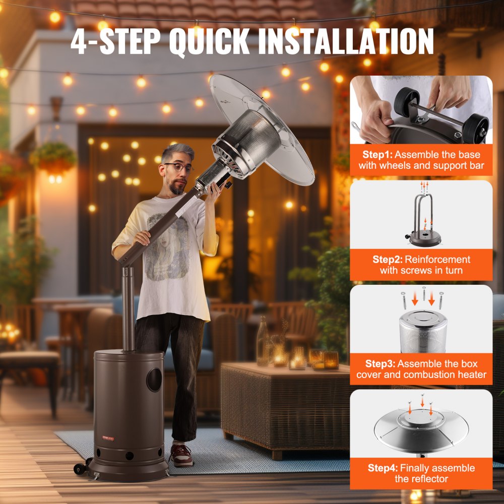 VEVOR Patio Heater for Outdoor Use, 50000BTU Propane Heater Tall Hammered With Round Table Design, Metal Burner and Wheels, Fixed Outdoor Patio Flame Heater for Patio, Party, Backyard, Garden, Bronze