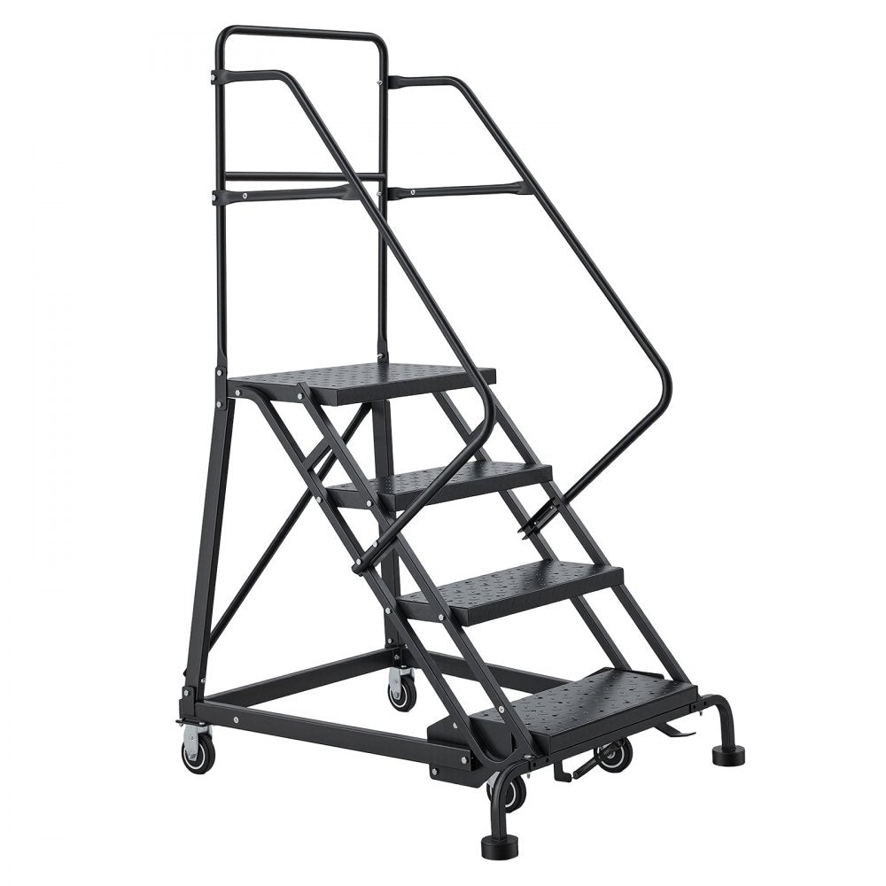 VEVOR 4-Step Rolling Warehouse Ladder, Industrial Alloy Steel Mobile Step Stair, with Handrails, Non-Slip Perforated Steps & Self-Locking Wheels, 450LBS Heavy Duty Platform Ladder for Garage Library