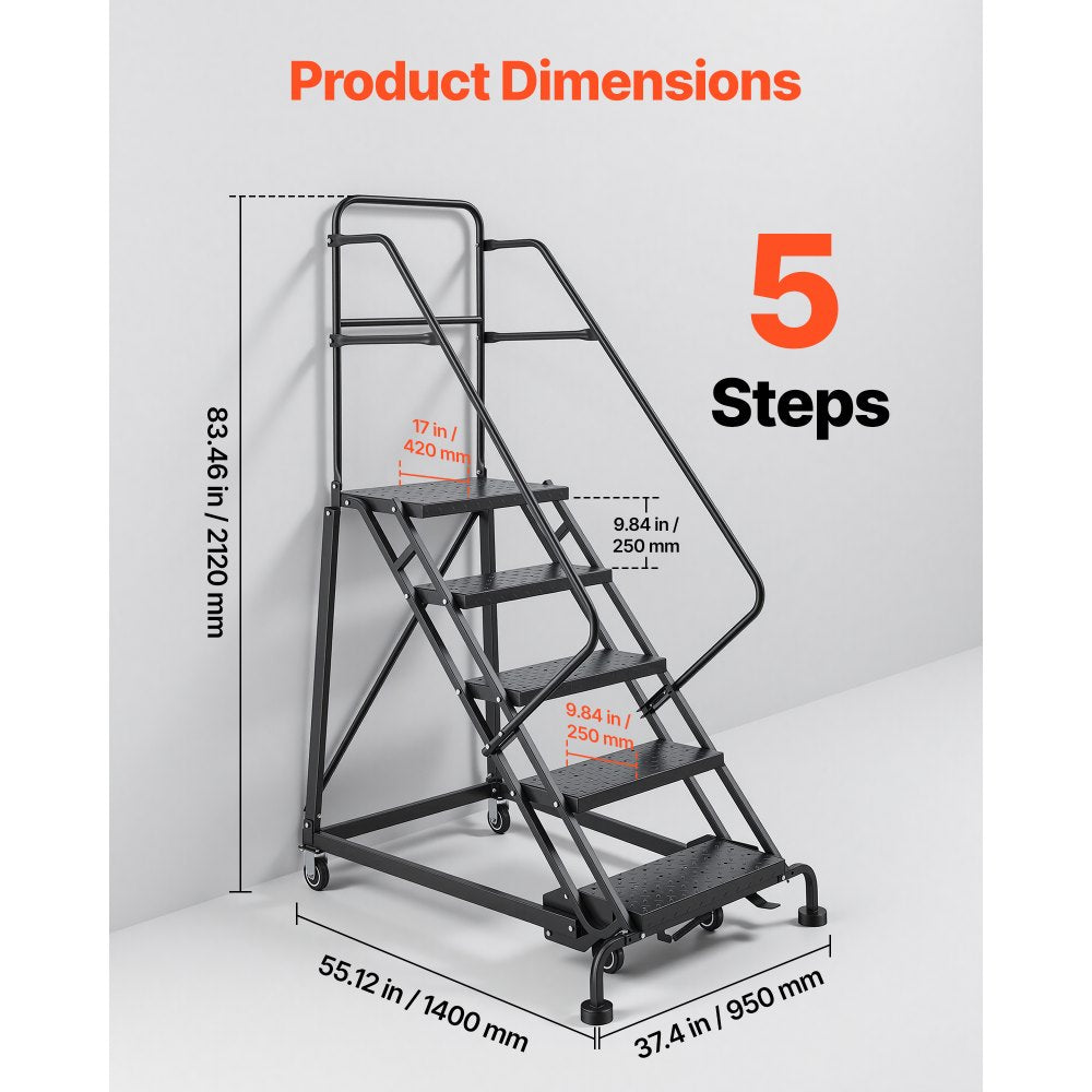 VEVOR 5-Step Rolling Warehouse Ladder, Industrial Alloy Steel Mobile Step Stair, with Handrails, Non-Slip Perforated Steps & Self-Locking Wheels, 450LBS Heavy Duty Platform Ladder for Garage Library
