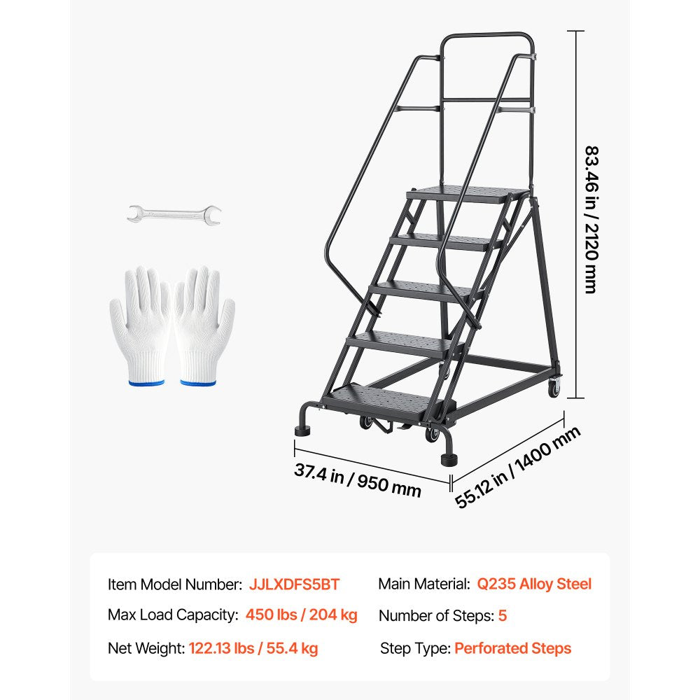 VEVOR 5-Step Rolling Warehouse Ladder, Industrial Alloy Steel Mobile Step Stair, with Handrails, Non-Slip Perforated Steps & Self-Locking Wheels, 450LBS Heavy Duty Platform Ladder for Garage Library