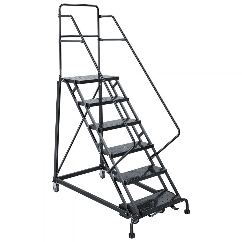 VEVOR 6-Step Rolling Warehouse Ladder, Industrial Alloy Steel Mobile Step Stair, with Handrails, Non-Slip Perforated Steps & Self-Locking Wheels, 450LBS Heavy Duty Platform Ladder for Garage Library