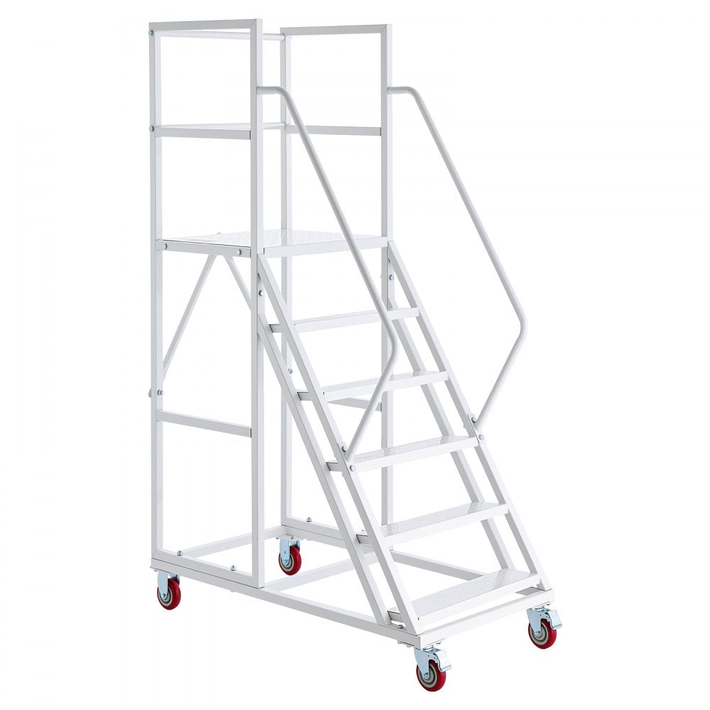 VEVOR 6-Step Rolling Warehouse Ladder, Industrial Alloy Steel Mobile Step Stair, with Handrails, Non-Slip Steps & Locking Wheels, 1100LBS Capacity Heavy Duty Platform Ladder for Garage Library Factory