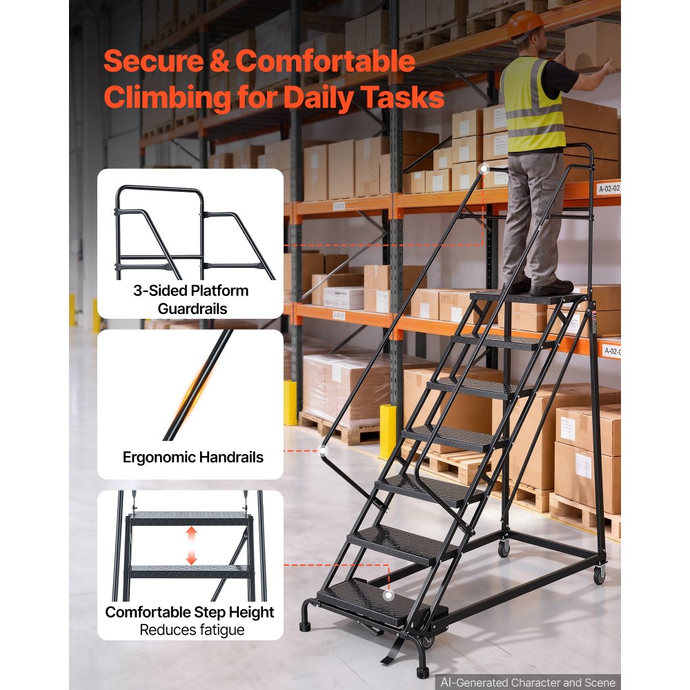 VEVOR 7-Step Rolling Warehouse Ladder, Industrial Alloy Steel Mobile Step Stair, with Handrails, Non-Slip Perforated Steps & Self-Locking Wheels, 450LBS Heavy Duty Platform Ladder for Garage Library