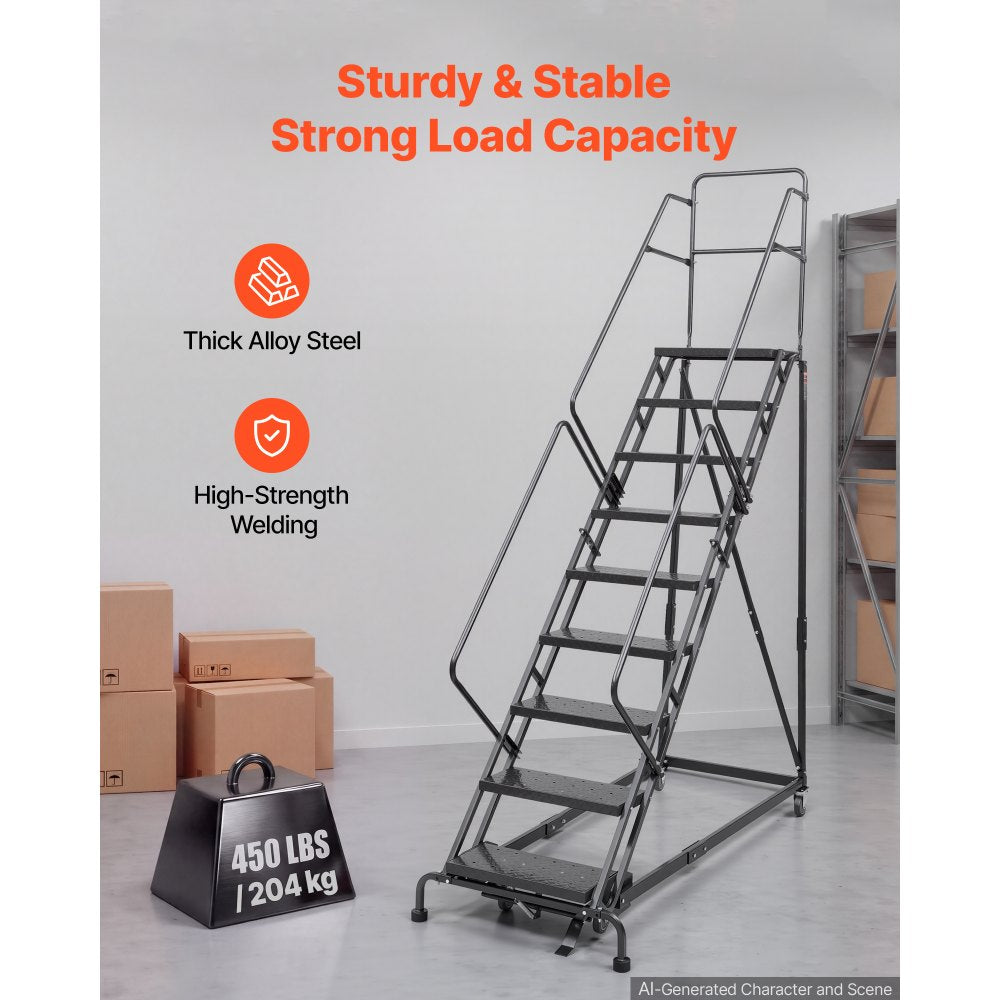 VEVOR 9-Step Rolling Warehouse Ladder, Industrial Alloy Steel Mobile Step Stair, with Handrails, Non-Slip Perforated Steps & Self-Locking Wheels, 450LBS Heavy Duty Platform Ladder for Garage Library