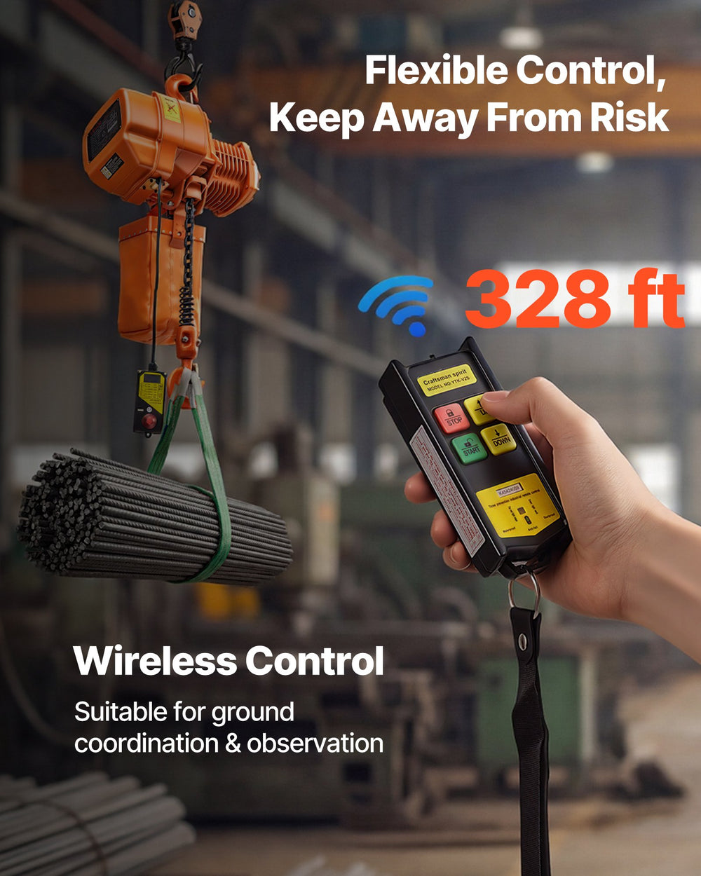 VEVOR electric chain hoist 328 ft wireless control graphic