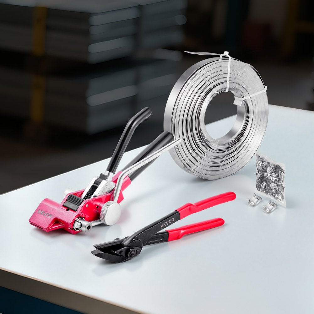 VEVOR Steel Banding Strapping Kit, Heavy Duty Banding Sealer Tool with 400 ft Binding Straps, 400 Metal Clasps, Manual Pallet Packaging Strapping Kit for Warehouse, Transportation, Industrial Bundling