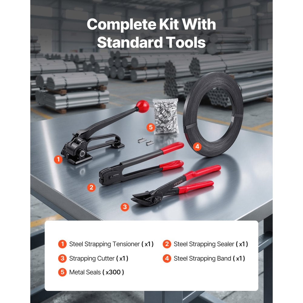 VEVOR Steel Banding Strapping Kit, Heavy Duty Banding Sealer Tool with 600 ft Binding Straps, 300 Metal Seals, Manual Pallet Packaging Strapping Kit for Warehouse, Transportation, Industrial Bundling