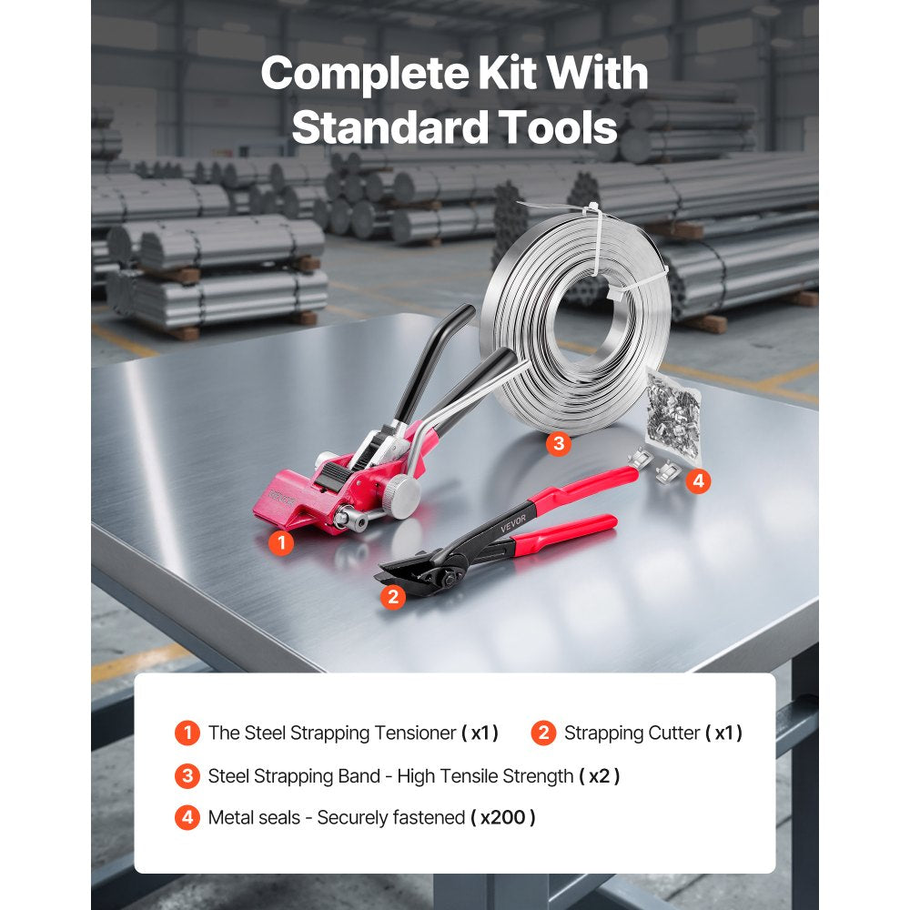 VEVOR Steel Banding Strapping Kit, Heavy Duty Banding Sealer Tool with 200 ft Binding Straps, 200 Metal Clasps, Manual Pallet Packaging Strapping Kit for Warehouse, Transportation, Industrial Bundling