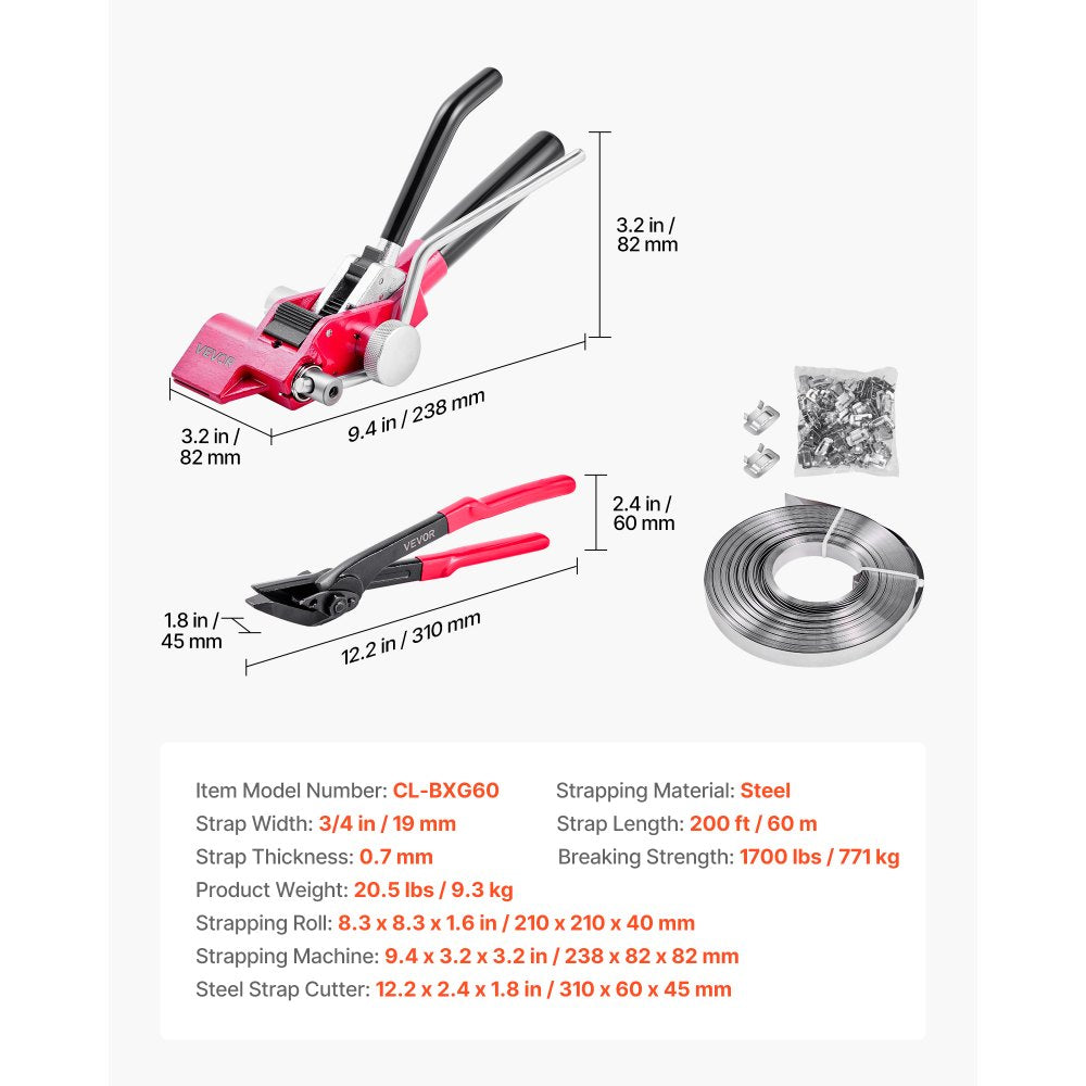 VEVOR Steel Banding Strapping Kit, Heavy Duty Banding Sealer Tool with 200 ft Binding Straps, 200 Metal Clasps, Manual Pallet Packaging Strapping Kit for Warehouse, Transportation, Industrial Bundling