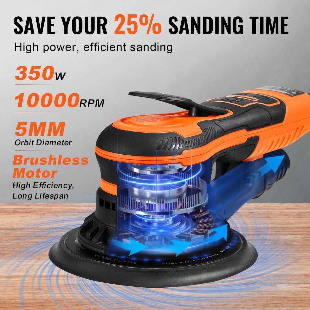 VEVOR Random Orbital Sander 5 & 6-Inch, 350W Brushless Orbital Sander, 10,000 PRM 6 Variable Speed Electric Palm Sander with 20PCS Sandpapers, Dust Connector & Hose for Woodworking Detailing Sanding