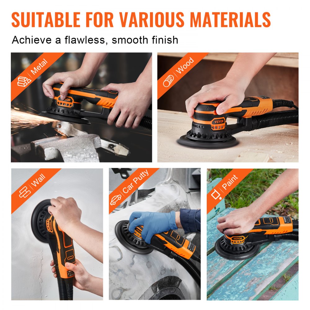 VEVOR Random Orbital Sander 5 & 6-Inch, 350W Brushless Orbital Sander, 10,000 PRM 6 Variable Speed Electric Palm Sander with 20PCS Sandpapers, Dust Connector & Hose for Woodworking Detailing Sanding