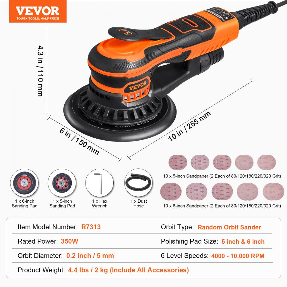 VEVOR Random Orbital Sander 5 & 6-Inch, 350W Brushless Orbital Sander, 10,000 PRM 6 Variable Speed Electric Palm Sander with 20PCS Sandpapers, Dust Connector & Hose for Woodworking Detailing Sanding