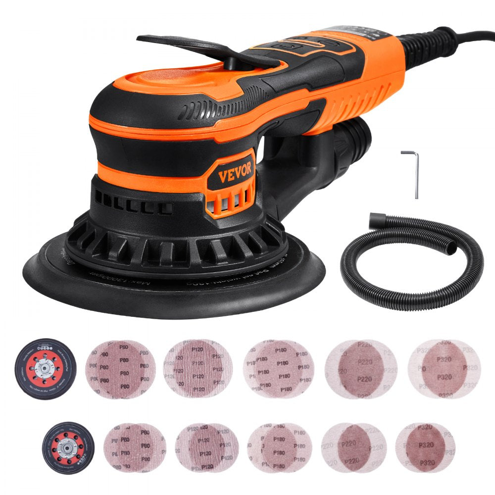 VEVOR Random Orbital Sander 5 & 6-Inch, 350W Brushless Orbital Sander, 10,000 PRM 6 Variable Speed Electric Palm Sander with 20PCS Sandpapers, Dust Connector & Hose for Woodworking Detailing Sanding