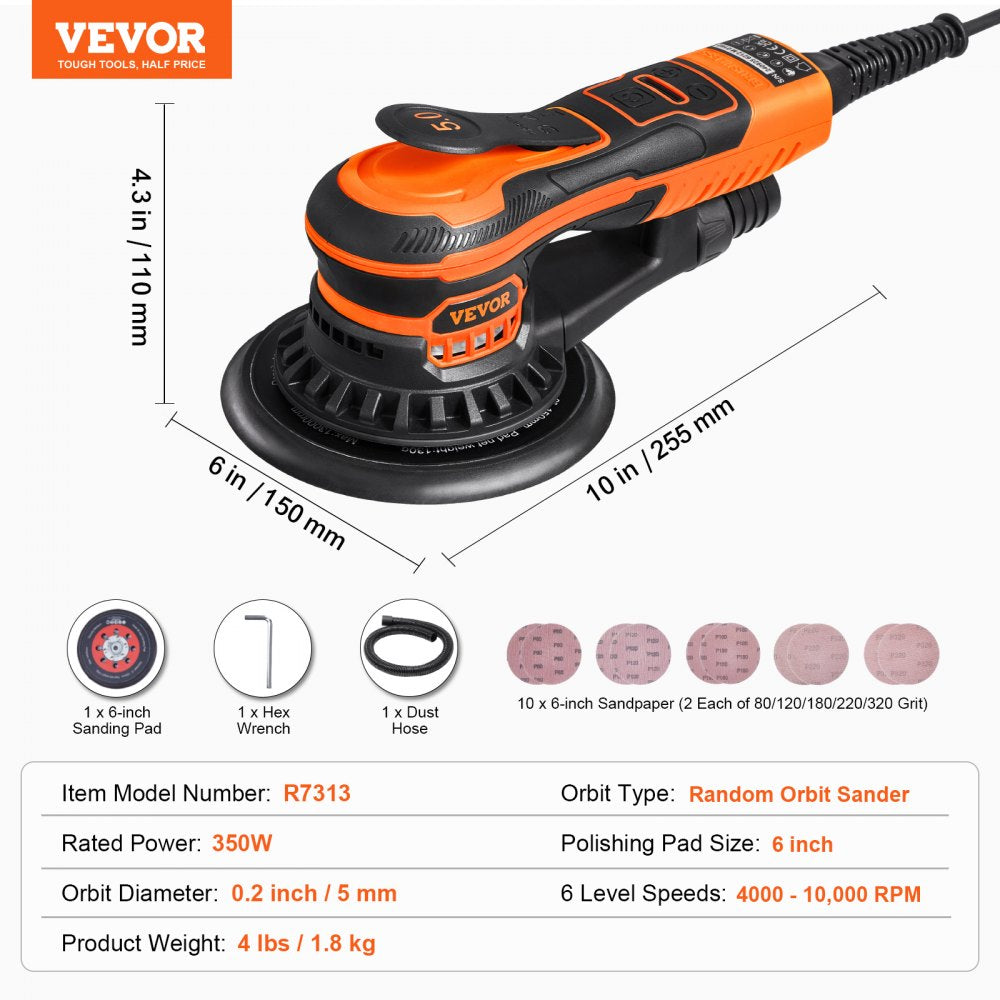 VEVOR Random Orbital Sander 6-Inch, 350W Brushless Orbital Sander, 10,000 PRM 6 Variable Speed Electric Palm Sander with 10PCS Sandpapers, Dust Connector & Hose for Woodworking Detailing Sanding