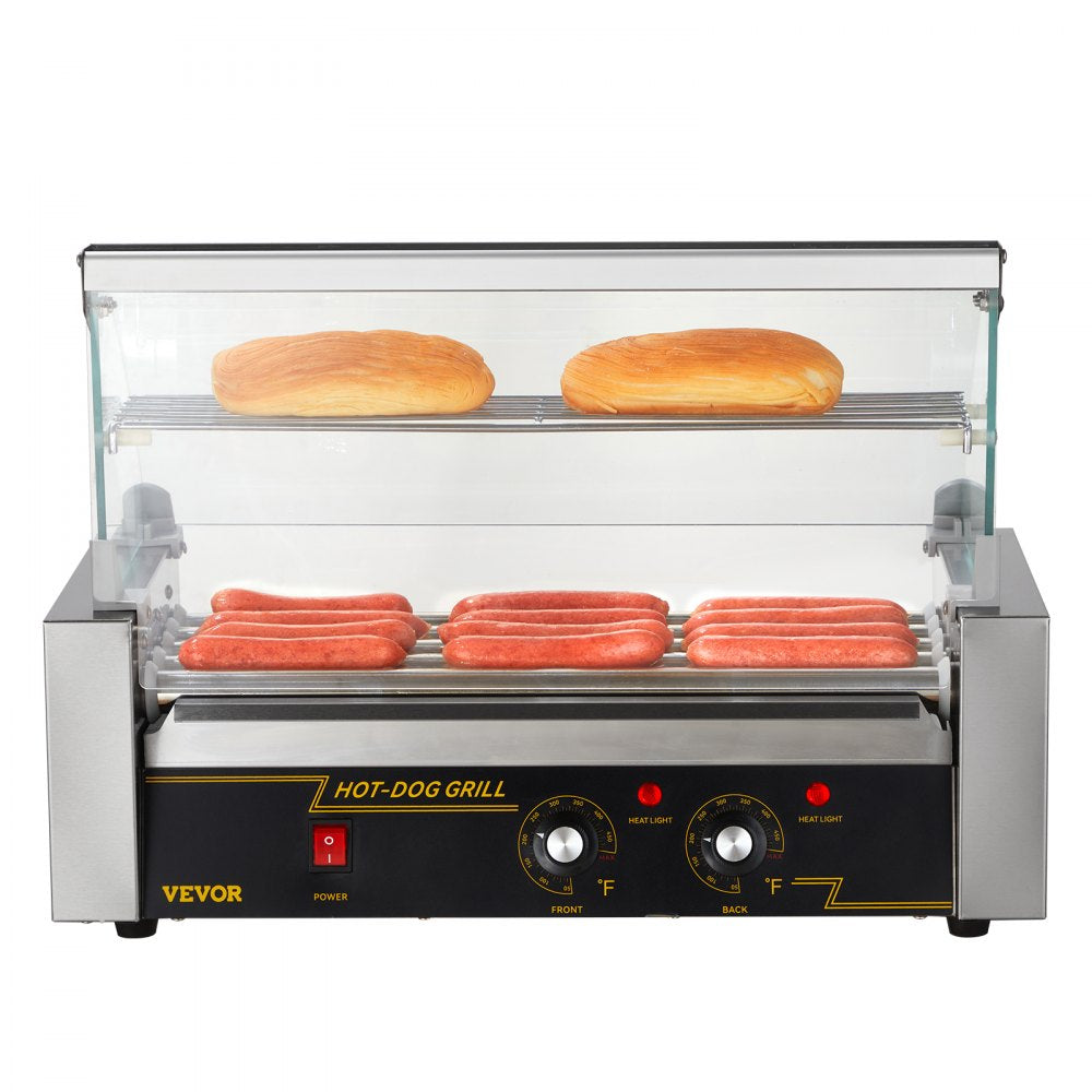 VEVOR Hot Dog Roller 5 Rollers 12 Hot Dogs Capacity, 750W Stainless Sausage Grill Cooker Machine with Dual Temp Control Glass Hood Acrylic Cover Bun Warmer Shelf Removable Oil Drip Tray ETL Certified