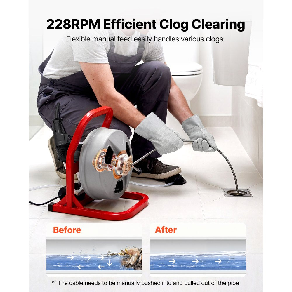 VEVOR Drain Cleaner Machine 50 FT x 5/16 Inch, Sewer Snake Auger with 228RPM Electric Drill, Manual Feed Drain Cleaning Machine with 6 Cutters & Air-activated Foot Switch for 2" to 4" Pipes