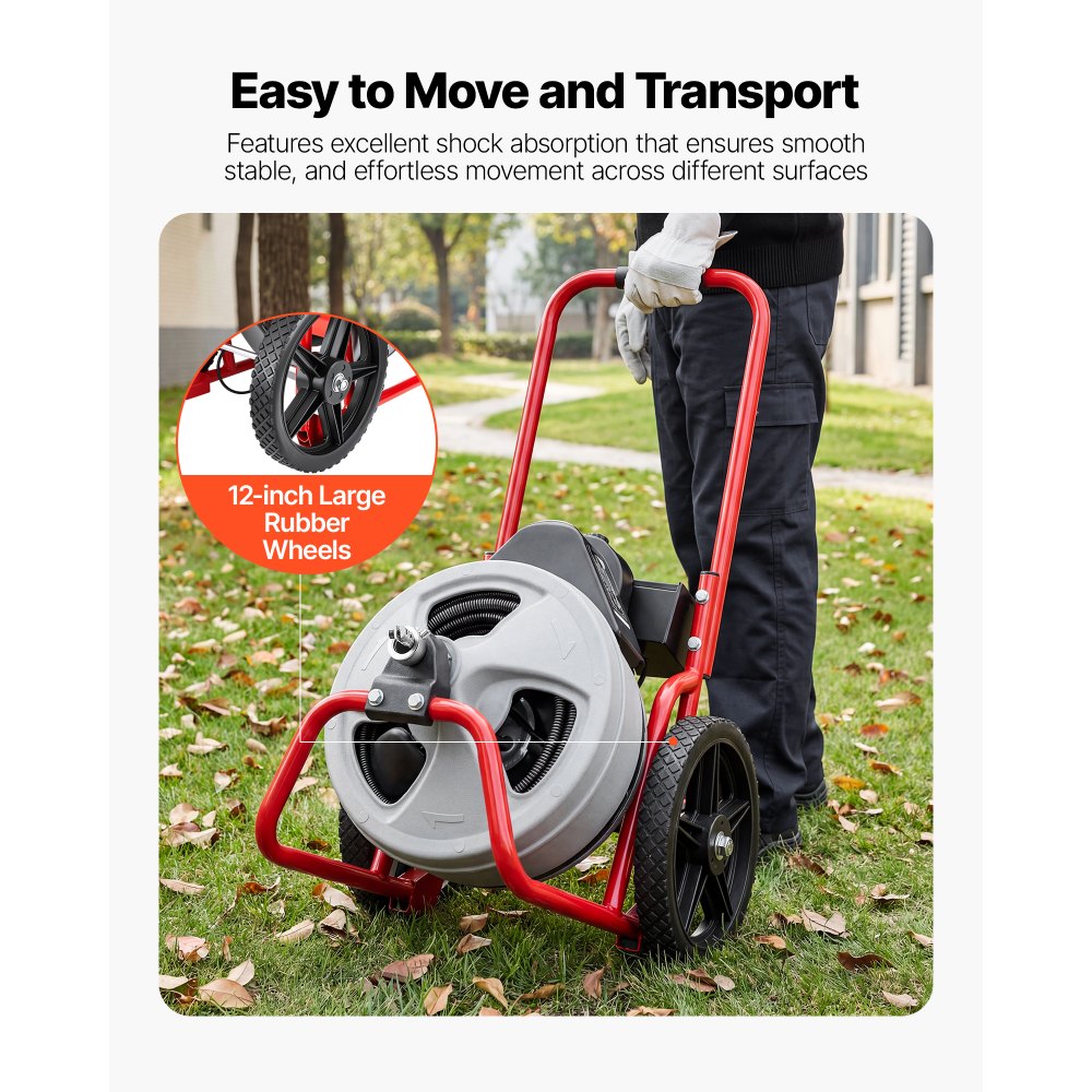 VEVOR Drain Cleaner Machine 75 FT x 3/8 Inch, Sewer Snake Auger Manual Feed on Wheels, Portable Drain Cleaning Machine with 6 Cutters & Air-activated Foot Switch for 2" to 4" Pipes