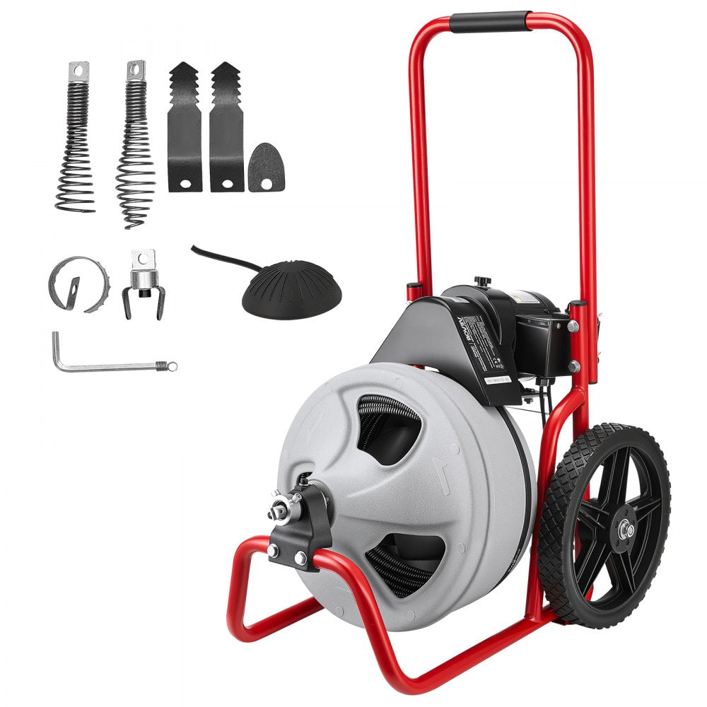 VEVOR Drain Cleaner Machine 75 FT x 3/8 Inch, Sewer Snake Auger Manual Feed on Wheels, Portable Drain Cleaning Machine with 6 Cutters & Air-activated Foot Switch for 2" to 4" Pipes
